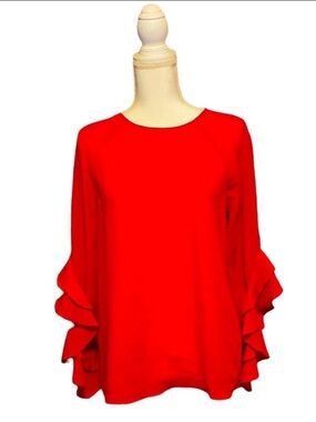 Daniel Cremieux Womens XS Red Ruffle Bell Sleeve Blouse Layered Flowy Career Top